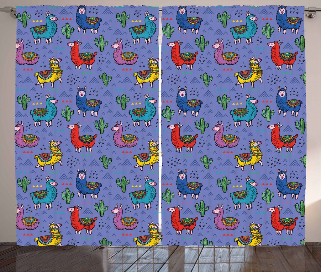 ABAKUHAUS Lama Rustikaler Gardine, Cartoon-Tier Triangles, Schlafzimmer Kräuselband Vorhang mit Schlaufen und Haken, 280 x 245 cm, Mehrfarbig