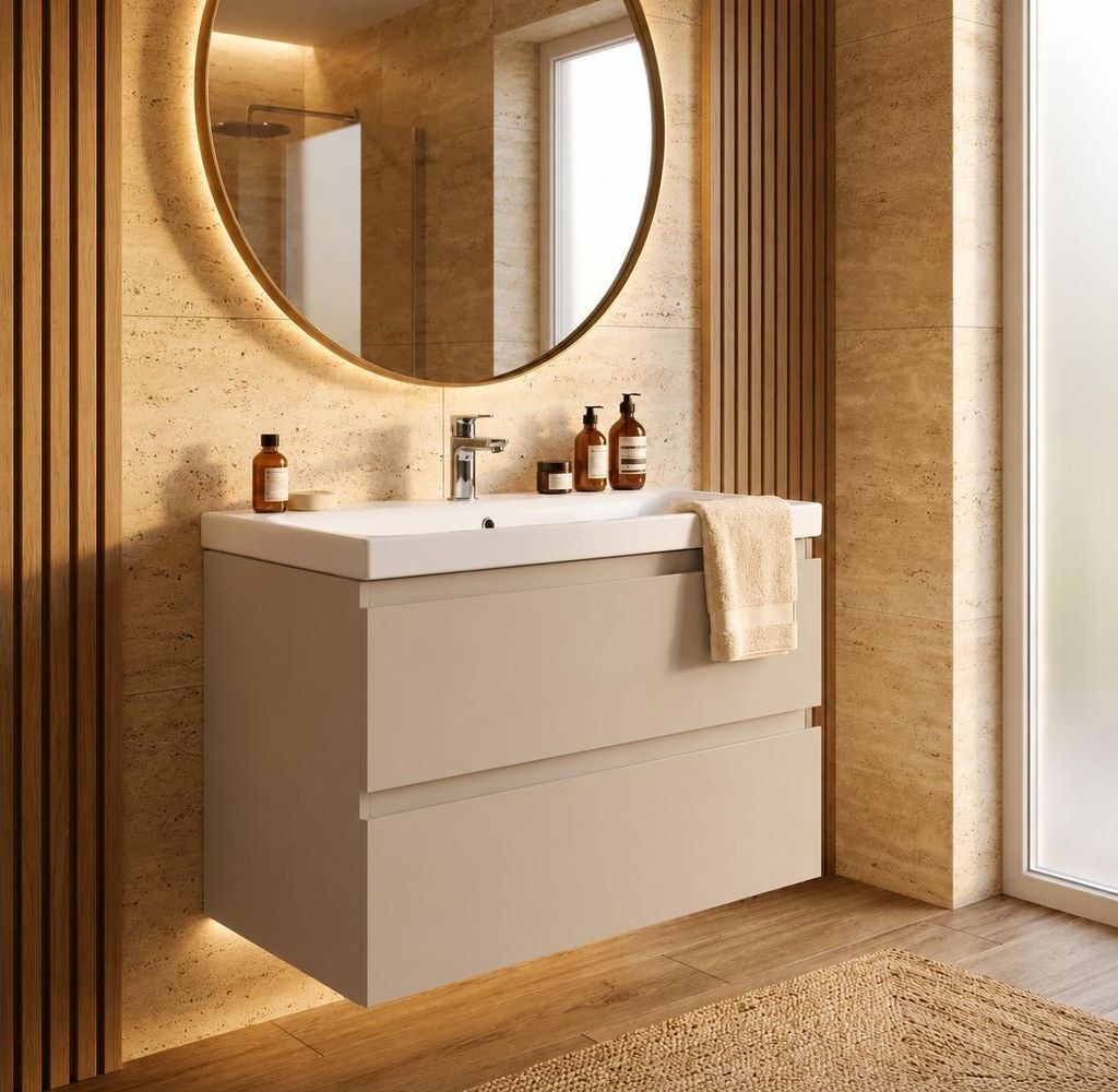 AQUA for you | Badezimmerschrank - CERSANIT MODUO - Waschtisch Set 60 cm – Kaschmir - mit Waschbecken, Unterschrank, Badmöbel Set, Badezimmersch...