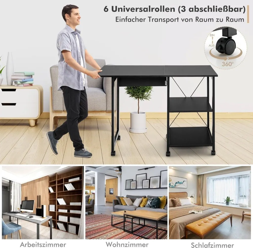 Bureau pliable à roulettes noir avec étagères de rangement multiniveaux