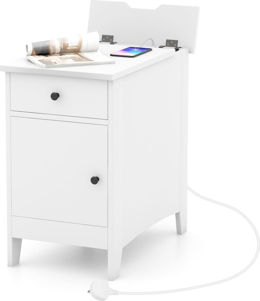 COSTWAY Beistelltisch mit Zeitschriftenständer, Ablagetisch mit USB-Anschlüssen & Steckdosen, schmaler Nachttisch mit Schublade & Schrank Weiß
