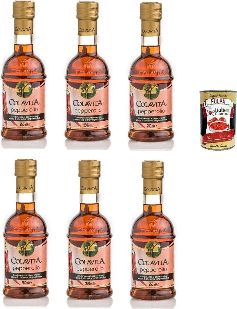 Colavita Pepperolio, Pfeffer Natives Olivenöl extra, Glasflasche, 6x 250 Milliliter + Italian Gourmet polpa 400g