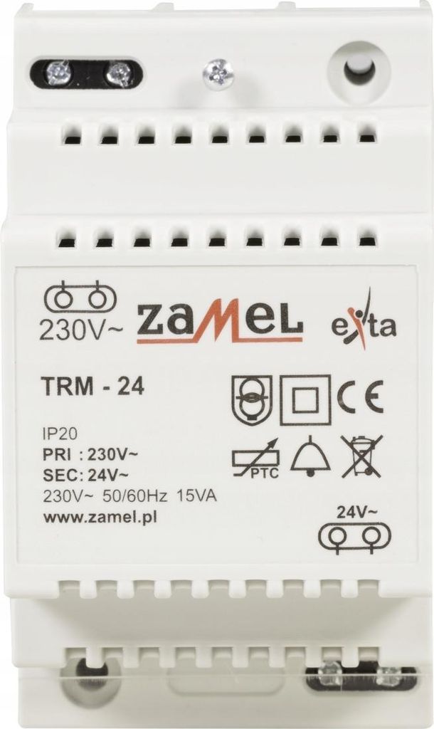 A white electrical transformer with product information printed on its front.