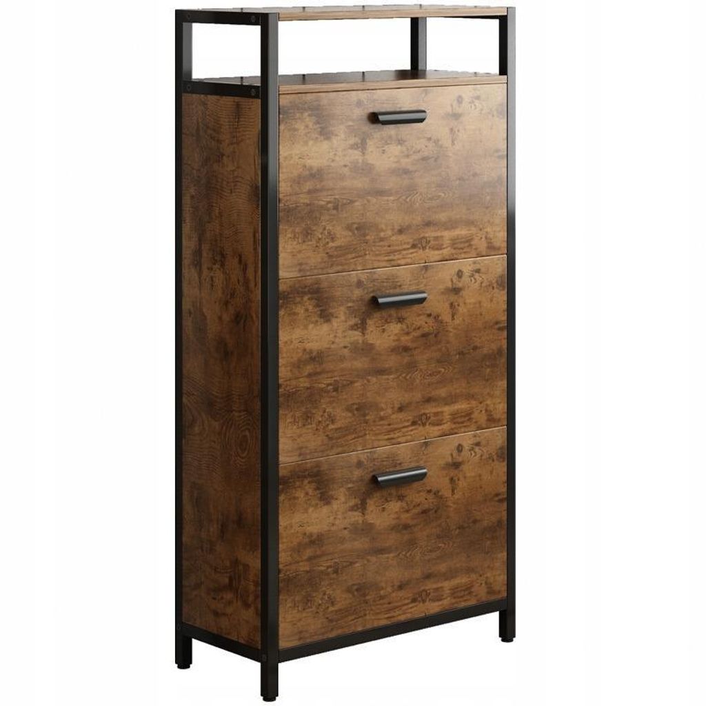 A shoe cabinet with three drawers and a metal frame.