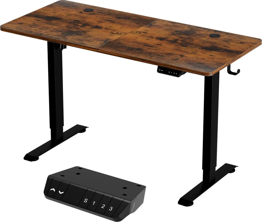 Izrielar Scrivania regolabile in altezza 140 x 60 x (70-115) cm, Scrivania elettrica in piedi con porta di ricarica USB-A/C, funzione di protezione anticollisione Memory Control, piano giuntato Vintage Brown