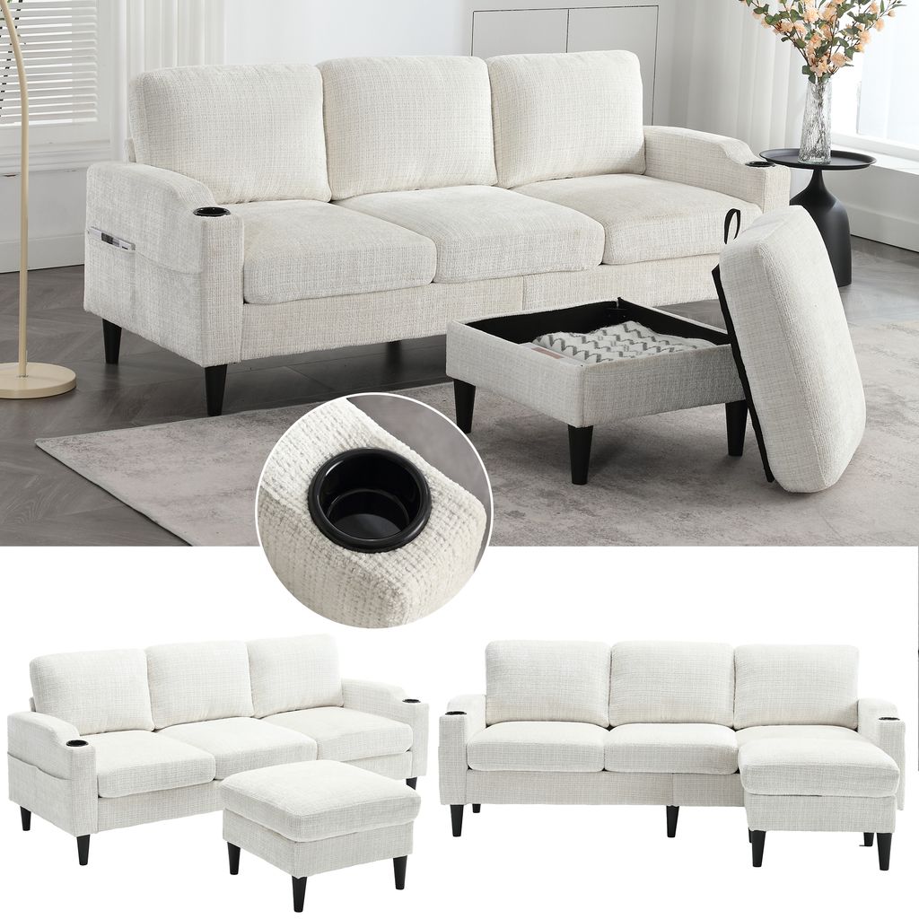 LVHOM 3-Sitzer-Sofa mit Hocker, 196,5 cm Modulares Sofa mit Getränkehälter und Seitentaschen, Sitzbank Chenille mit Stauraum, Couchgarnitur, Beige