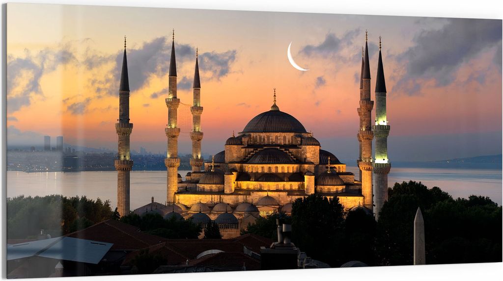 DEQORI Glasbild Acryl 100x50 cm 'Mondsichel über Moschee' Wandbild Bild modern Deko