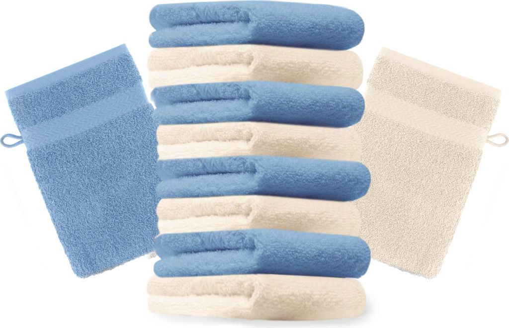 Betz 10 Stück Waschhandschuhe 16x21 cm PREMIUM 100% Baumwolle Farbe: beige und hellblau