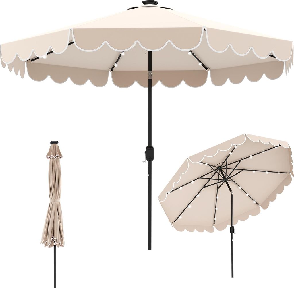 Three views of a beige patio umbrella with scalloped edges and LED lights.