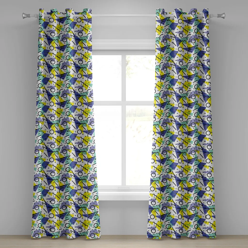 Rideau bleu jaune noir style années 80 motif cercles et pois 280x245