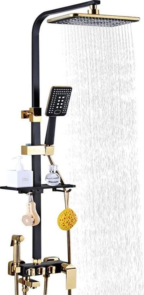 Roxana Regendusche - Höhenverstellbar - Schwarz - Gold - Duschset - Eckig - Badezimmer - Modern - Hochdruck-Sprühpistole