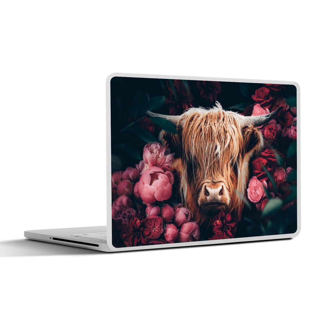 MuchoWow Laptop Aufkleber Sticker Cover Kuh - Schottischer Highlander - Blumen - Botanisch 25x18 cm - Laptop-Deko