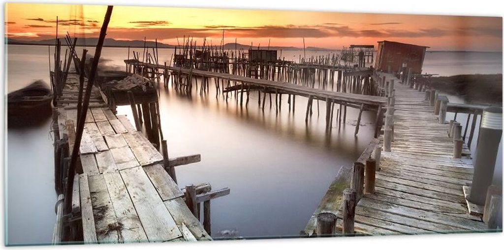 Bilder auf glas - Brücke Boot Meer - 120x50cm - Glasbilder - Wandbilder - Kunstdruck - zum Aufhängen bereit - Wanddekoration aus Glas - Glas Bild...