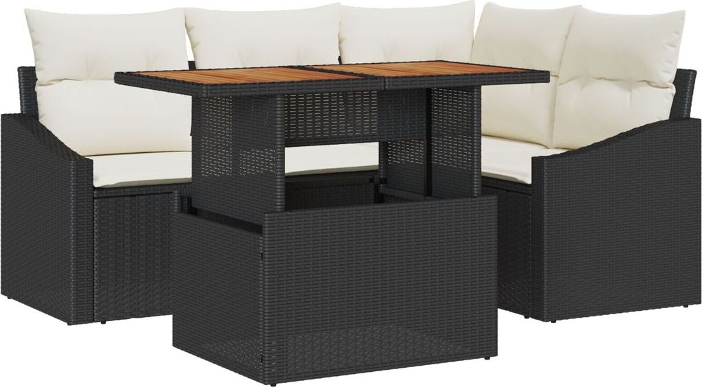 Möbel 5-teiliges Garten-Dining-Set mit Kissen Schwarz Poly-Rattan Akazie - Gartensofas 3349830