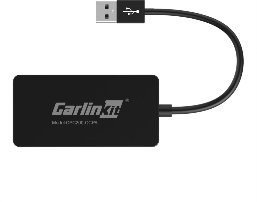 A black Carlinkit CPC200-CCPA adapter with a USB cable attached, shown against a white background.