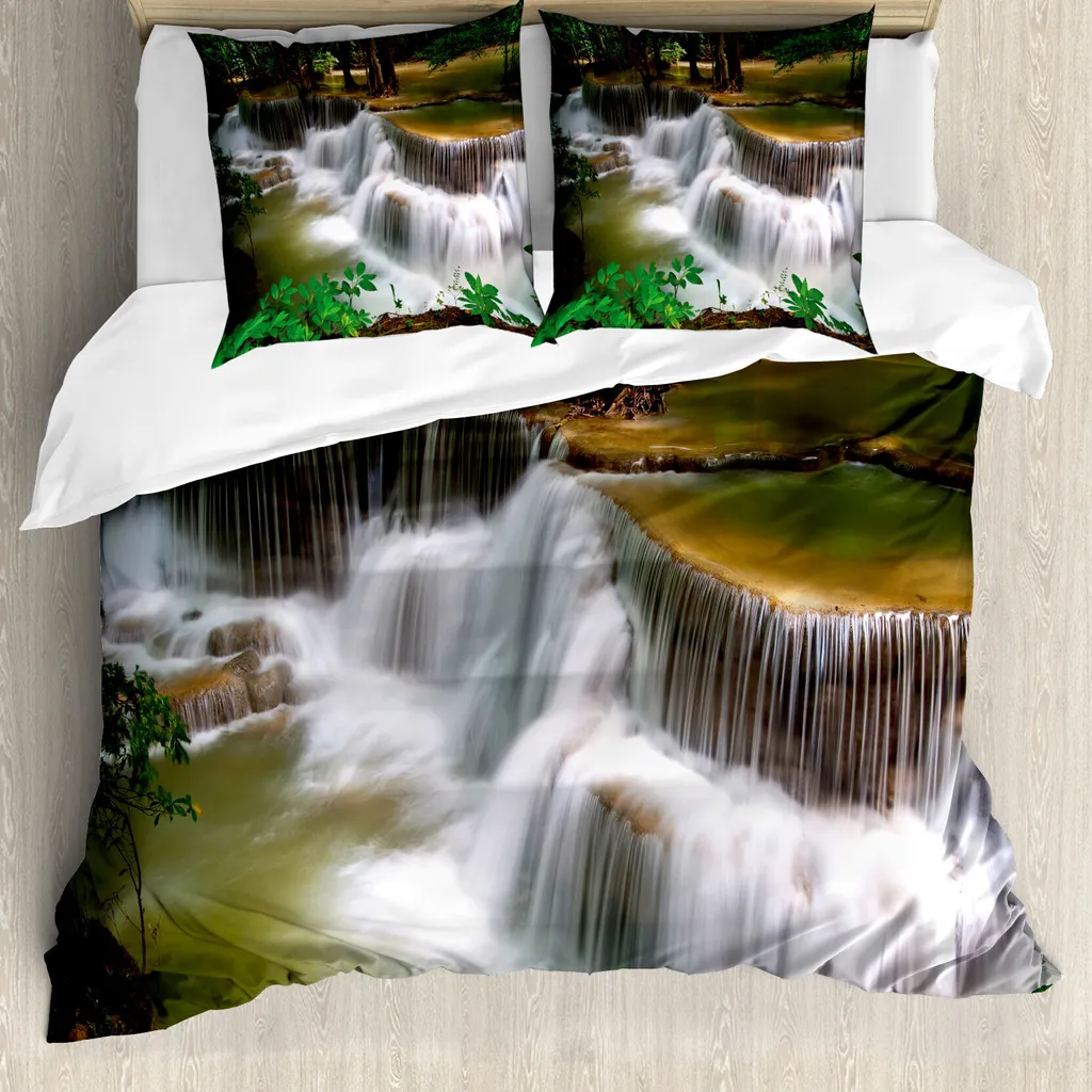 ABAKUHAUS Copripiumino naturale, Cascata in Thailandia, Antiacaro, Adatto a chi soffre di allergie, con federe, 200 cm x 200 cm - 80 x 80 cm, Multicolore