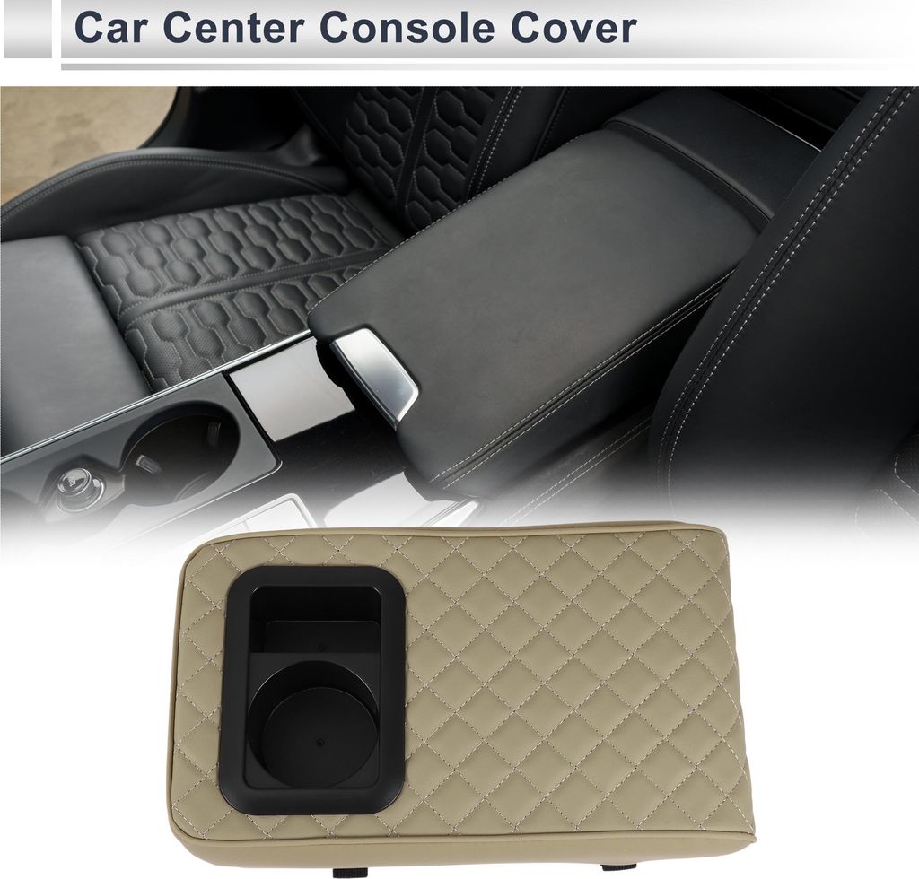 Auto Mittelarmauflage Mittelkonsole Abdeckung Mit Getränkehalter 34x19x7cm Schwarz Beige Nappa Leder