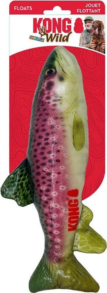 A product shot of a dog toy shaped like a fish, packaged in its retail packaging.