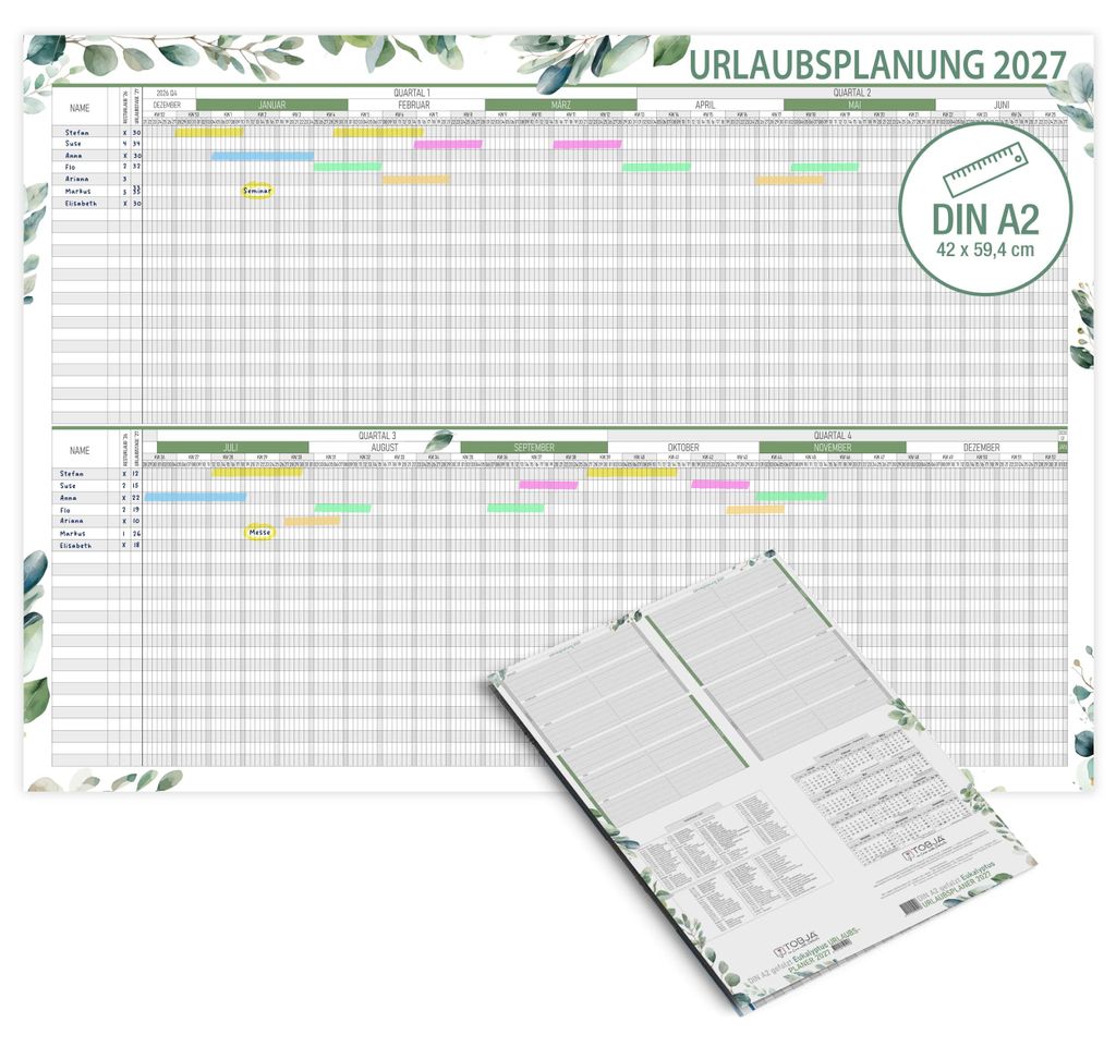 Urlaubsplaner 2027 A2 Wandplaner Eukalyptus – 25 Mitarbeiter, Jahresübersicht