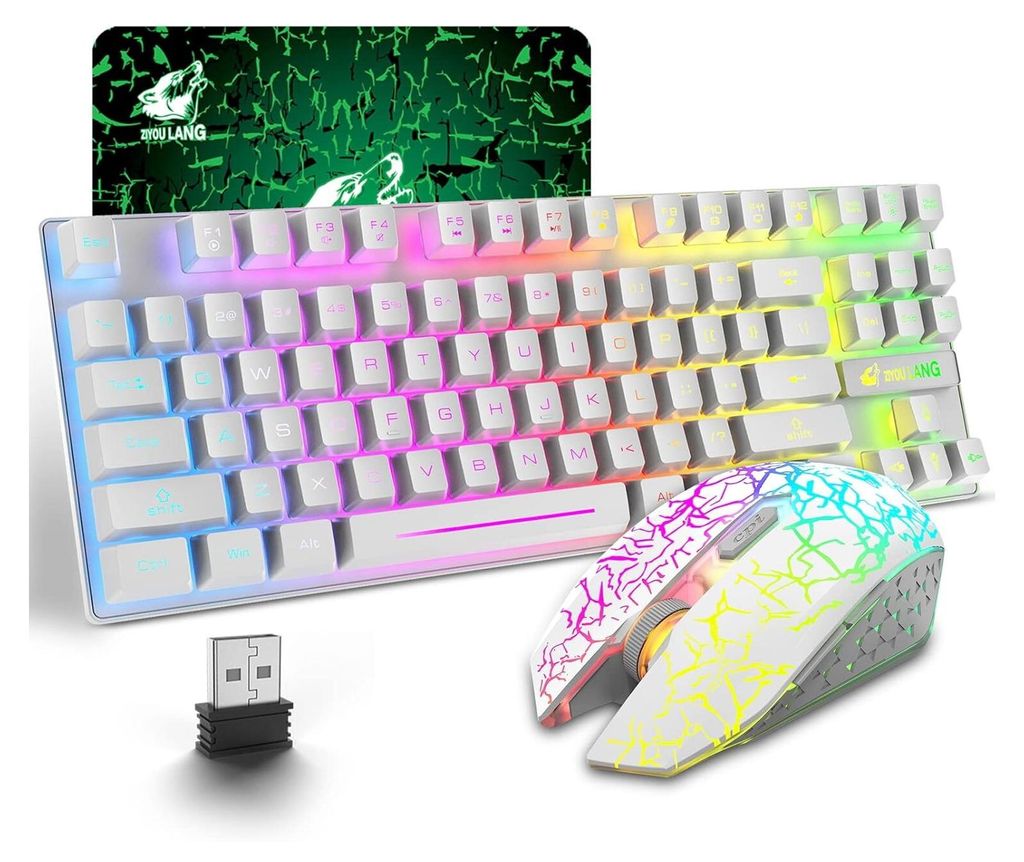 Gaming-Tastatur und Maus, 87 Tasten, Regenbogen-LED-Hintergrundbeleuchtung, wiederaufladbar, 3800 mAh Akku, mechanisches Gefühl, Anti-Ghosting