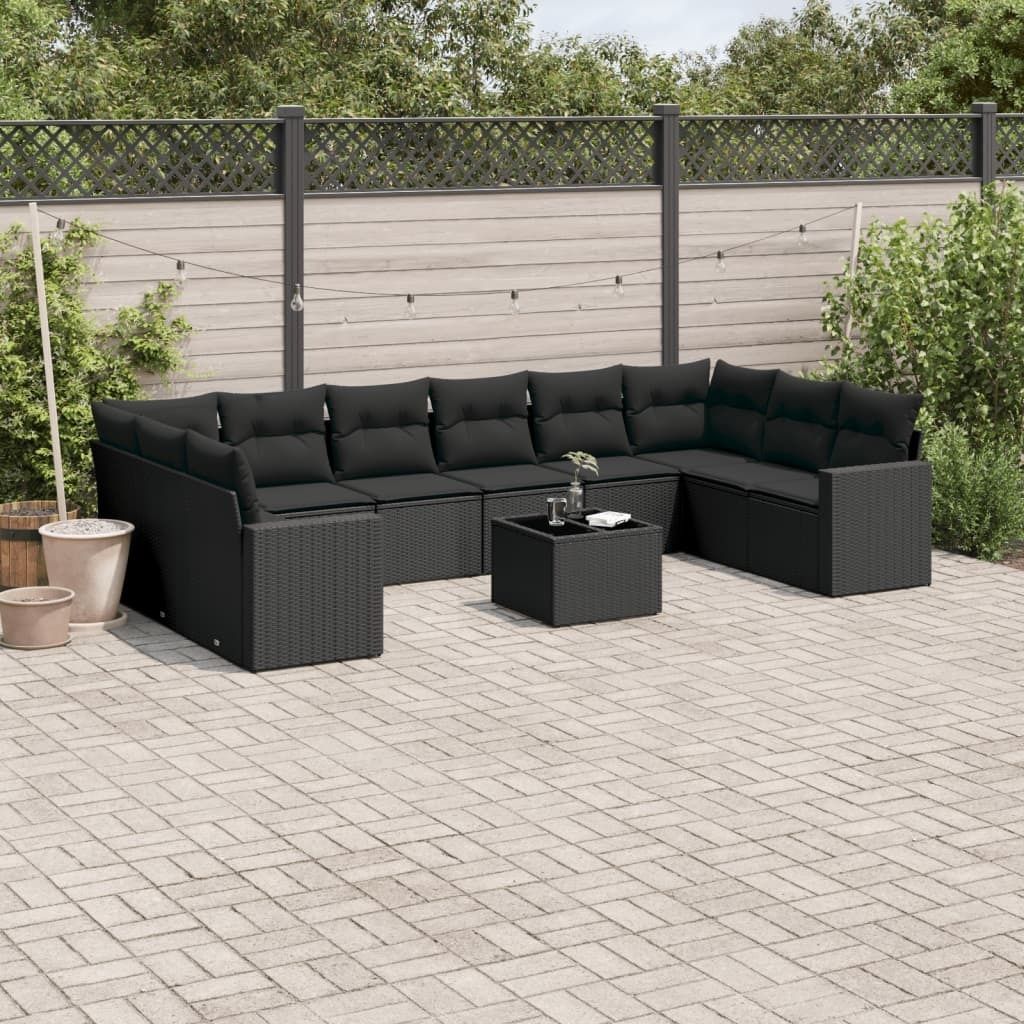 11-tlg. Garten-Sofagarnitur mit Kissen Schwarz Poly Rattan 3251812