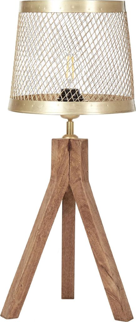 BELIANI Tischlampe Messing und Dunkelbraun Mango-Holz mit Rundem Schirm Metall Trommelform Dreibein Kabel mit Schalter Gitter-Design Schlafzimmer Deko