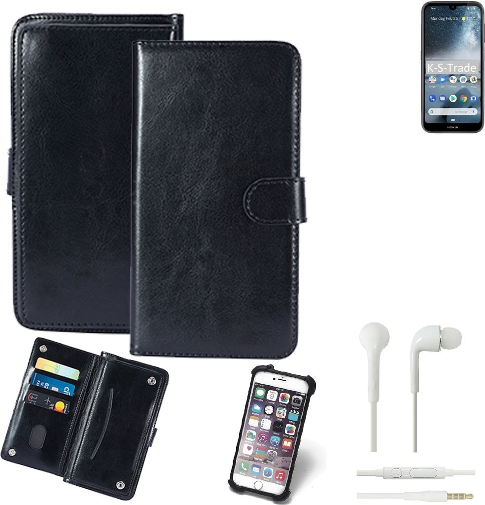 K-S-Trade 360° Hülle kompatibel mit Nokia 4.2 inkl. Headphones schwarz Kunstleder Case BookCase WalletCase Kunstlederederhülle Handyhülle,