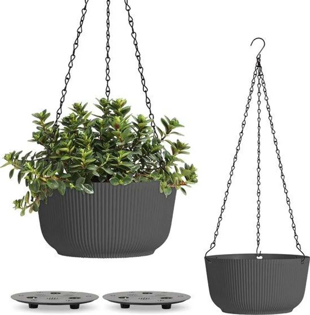 Panier suspendu plastique noir 25 cm avec chaîne et réservoir d'eau