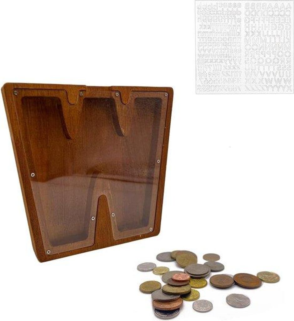 Holzsparpot 23cm mit Buchstabe W und Münzfach für Erwachsene