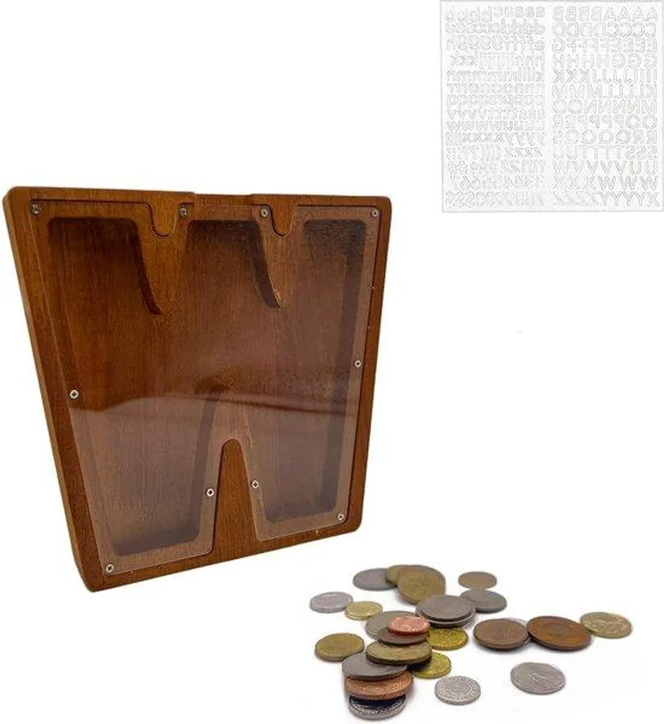 Tirelire lettre W bois et verre acrylique 23 cm avec fente de monnaie