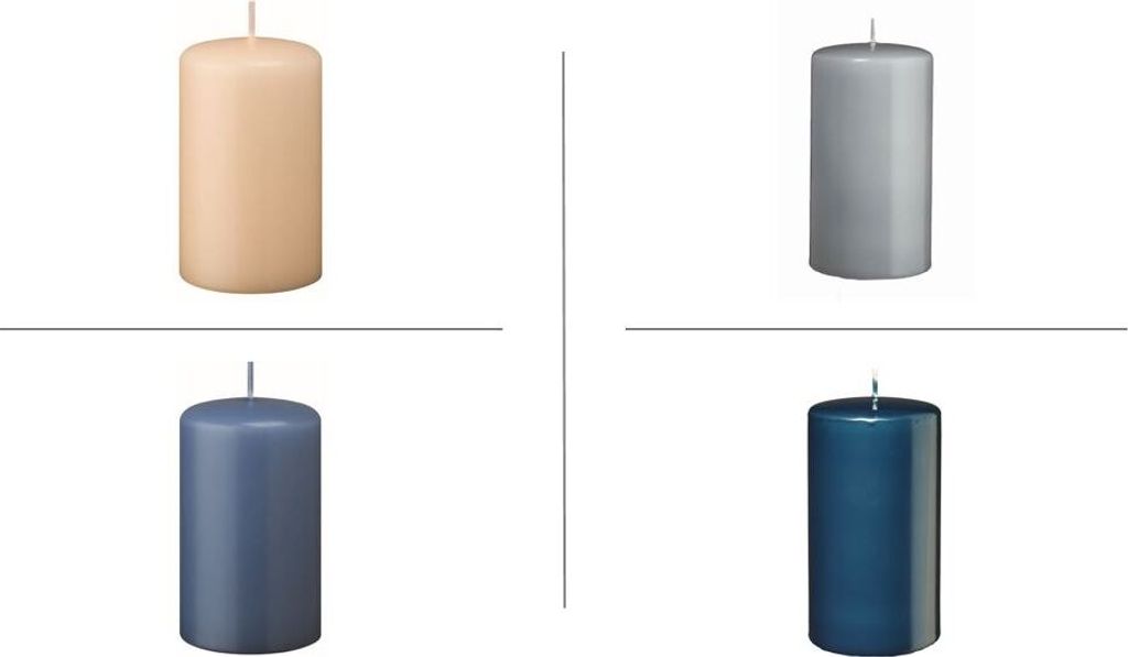 Stumpenkerzen Farbsystem J in der Größe 120/60 mm (H x D), 16 Stück (je 4 Kerzen in der Farbe blue petrol - jeans - champagner - silbergrau)