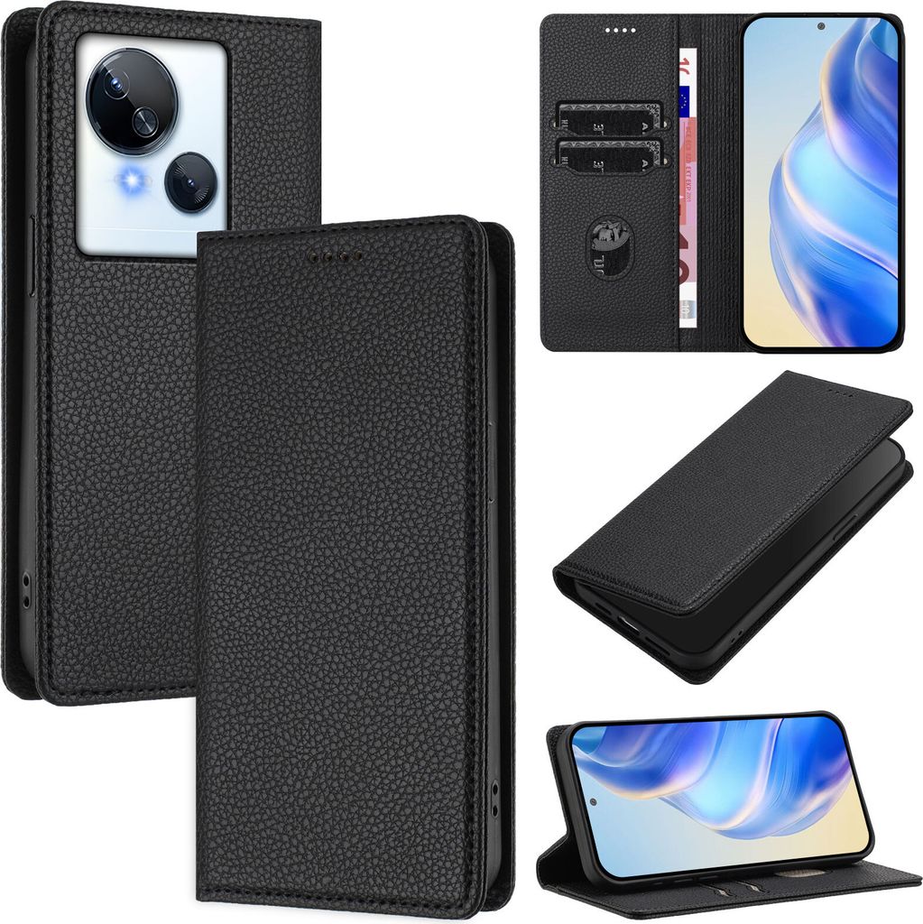 Litchi Leder Handyhülle für Tecno Spark 10 5G Wallet Kartenfächer Standfunktion Hülle Schwarz