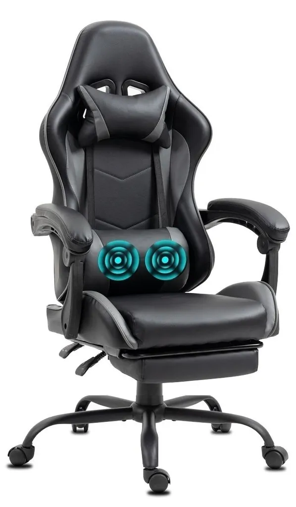 Chaise Gaming contre le mal de dos avec massage et appui-tête gris
