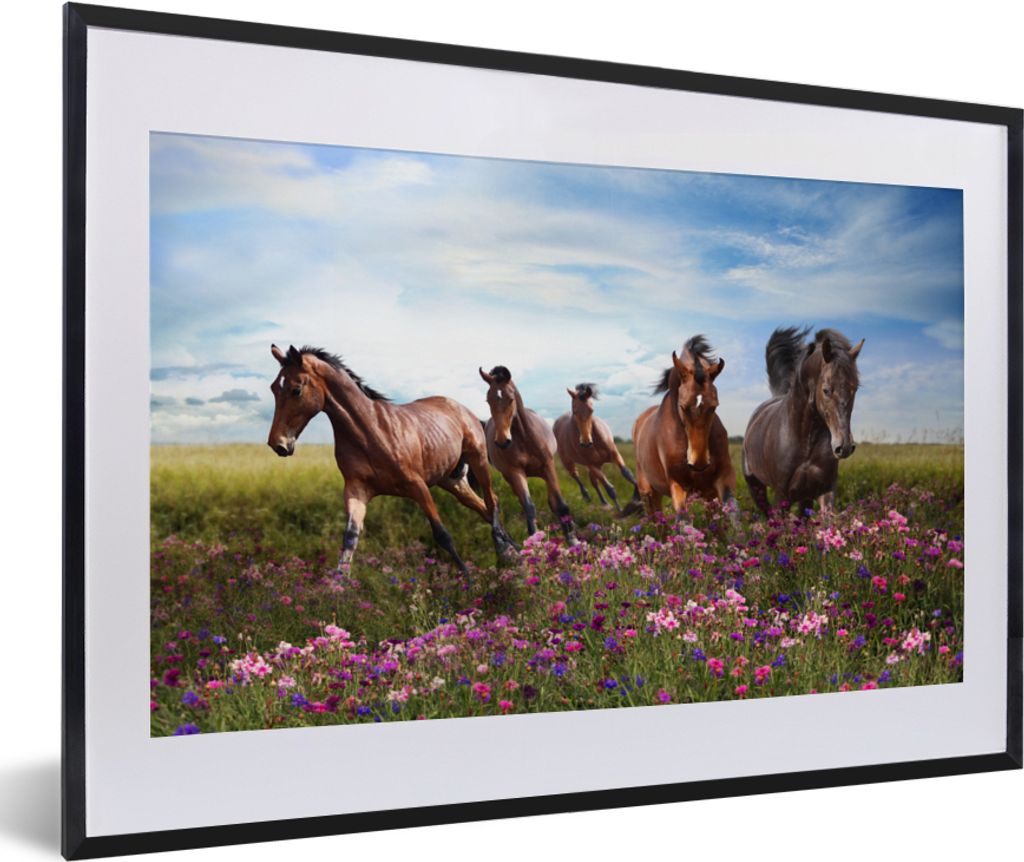 MuchoWow MuchoWow Gerahmtes Poster Pferde - Blumen - Rosa 60x40 cm - Poster mit zchwarzem Bilderrahmen - Schlafzimmer - Plakat in Rahmen - Drucken