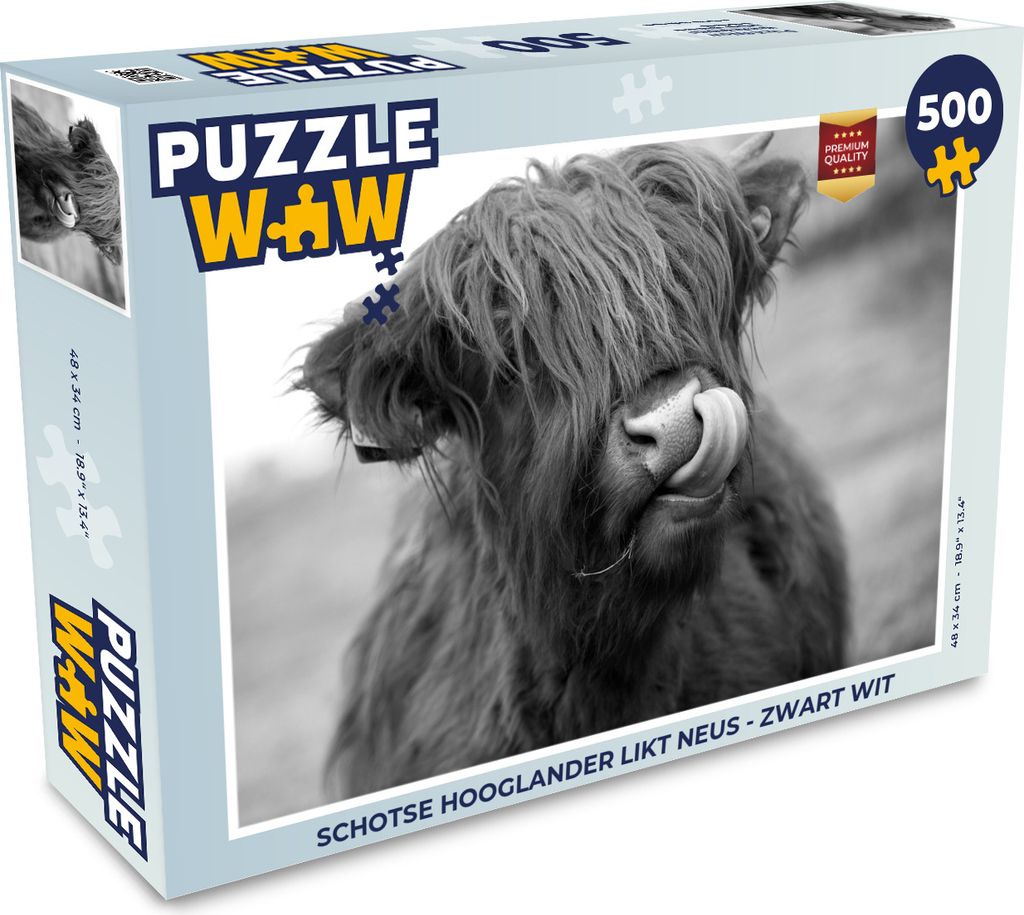 MuchoWow Puzzle 500 Teile Schottischer Highlander leckt Nase - schwarz und weiß - 500 Teile - Kinder - Selberbauen - Puzzlespiele
