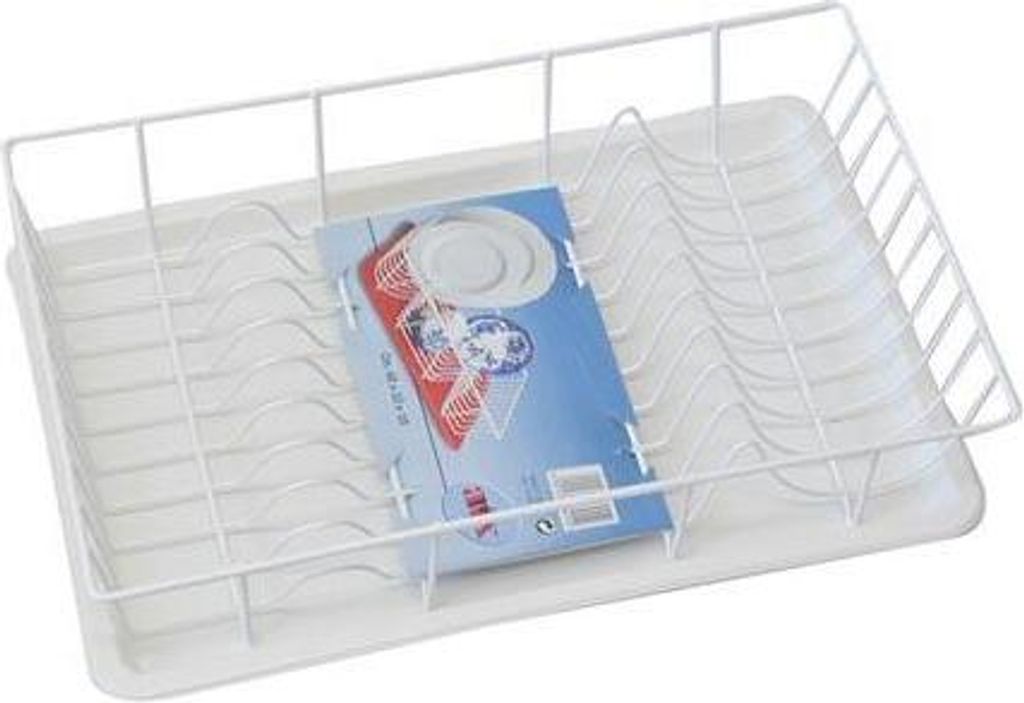 A white wire dish rack with a white plastic base, containing a blue and white product box with images of plates.