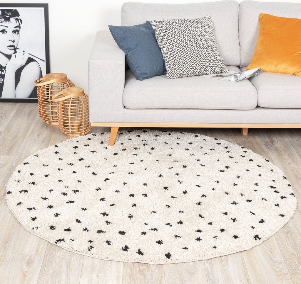 Volero - Teppich Hochflor Rund - Grand Dots Creme Schwarz - Ø 200 cm - Wohnzimmer, Esszimmer, Schlafzimmer - Industrielle, Modern, Skandinavisch