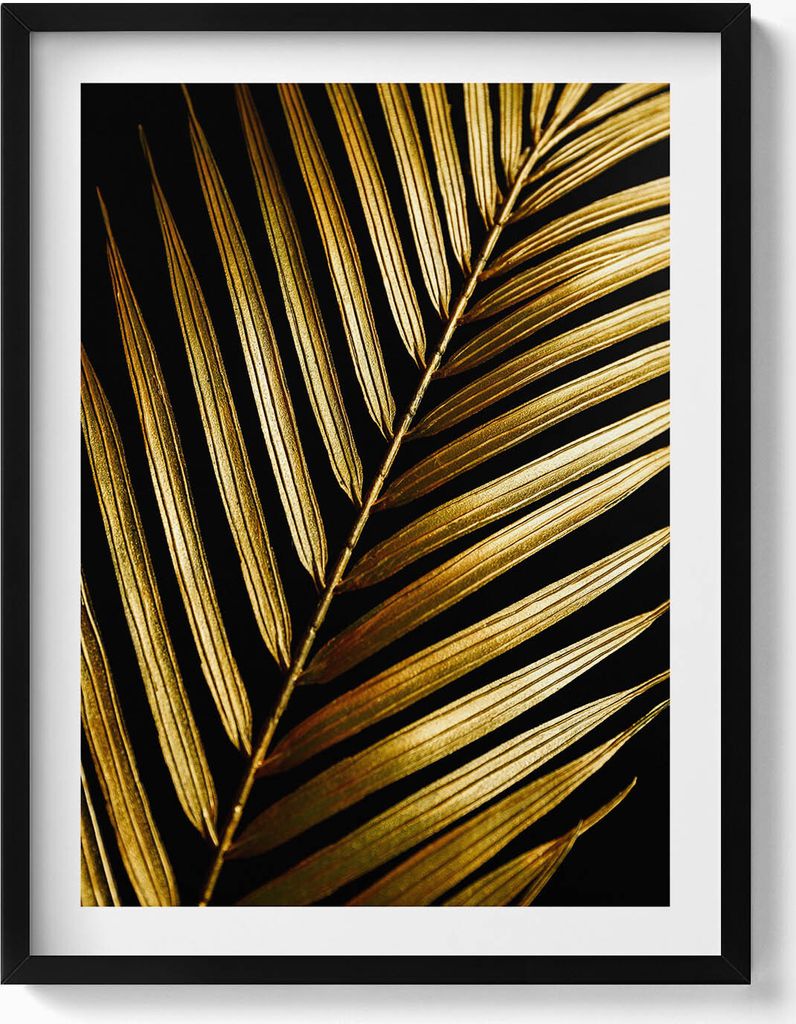 Blatt in goldenem Glamour– Wandbild mit Rahmen – Gerahmtes Bild – Wanddekoration – 60x80 cm – Schwarz Rahmen
