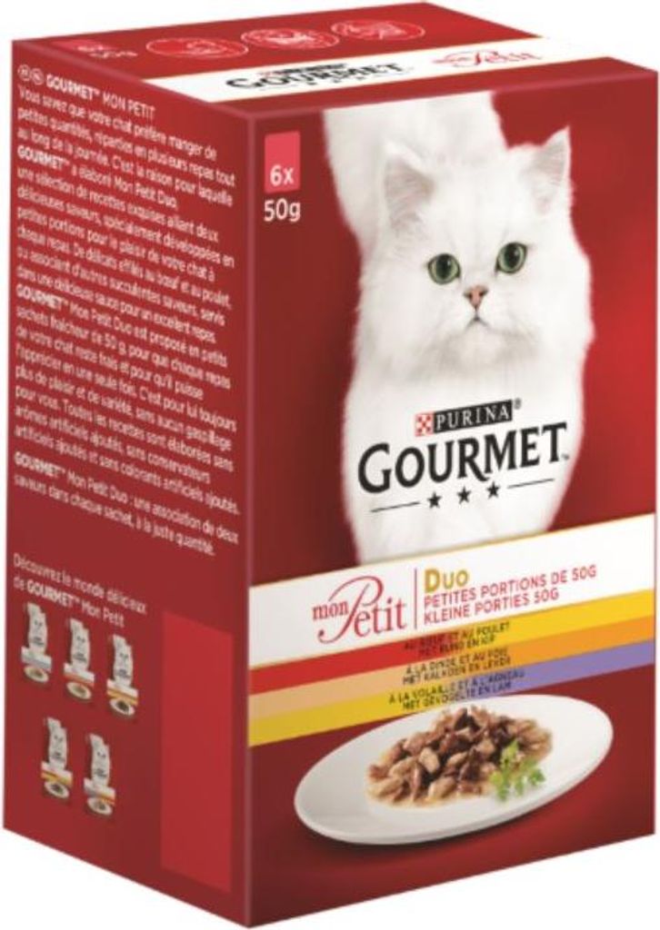 Mon petit duo kleine Portionen mit Rind und Huhn, mit Pute und Leber, mit Geflügel und Lamm 6x50g Katzenfutter Gourmet
