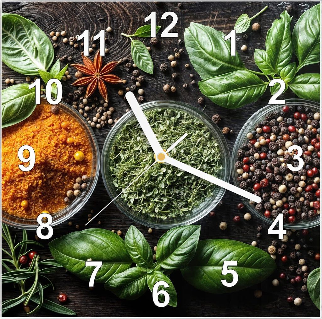 Wanduhr aus Glas mit Motiv Gewürze Und Kräuter- 30 x 30 cm Produktbild 