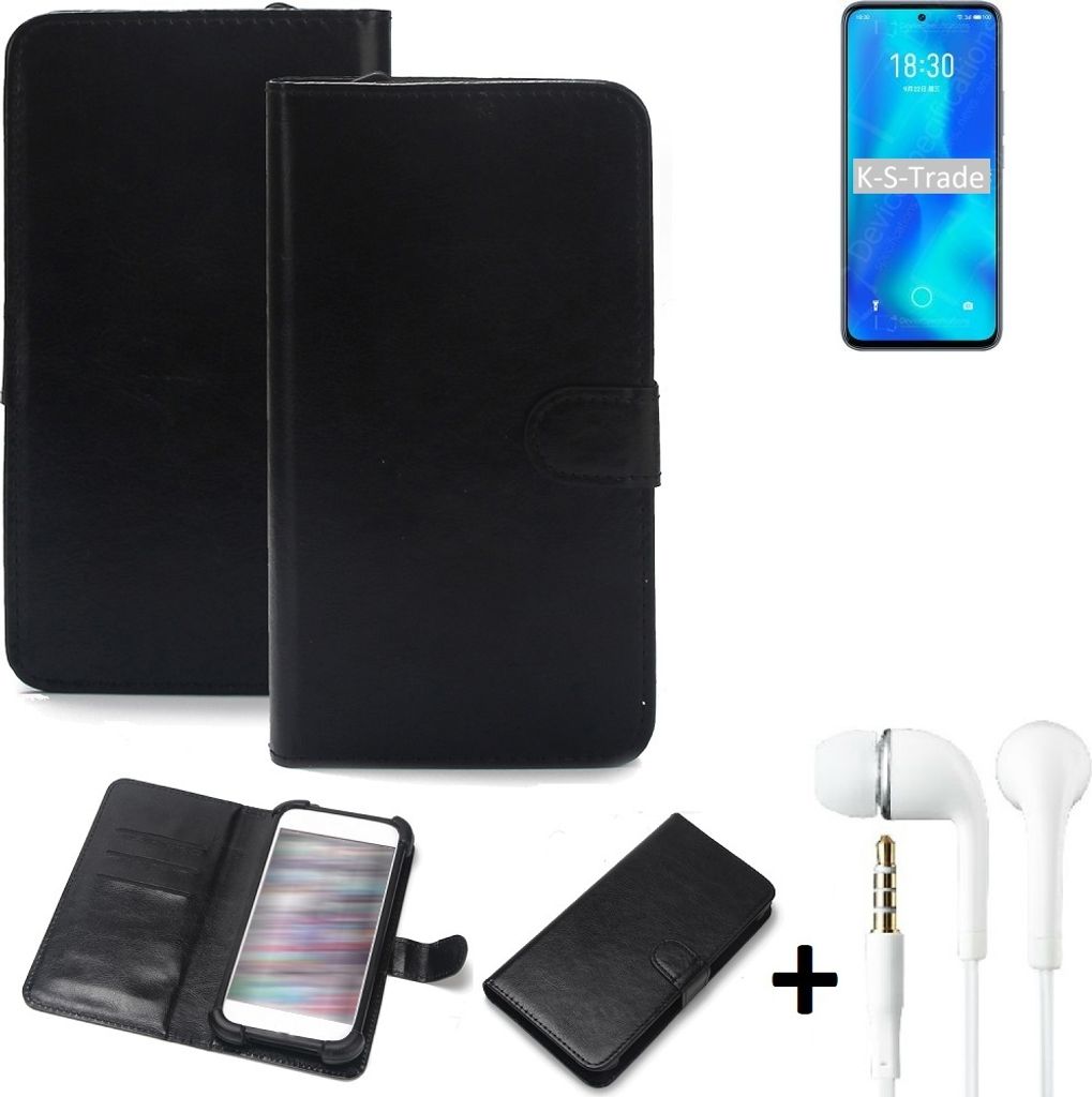 K-S-Trade Wallet Case Handyhülle kompatibel mit Meizu 18x Schutzhülle Flip cover Flipstyle Tasche Hülle Flipcover Slim Bumper schwarz + in ear