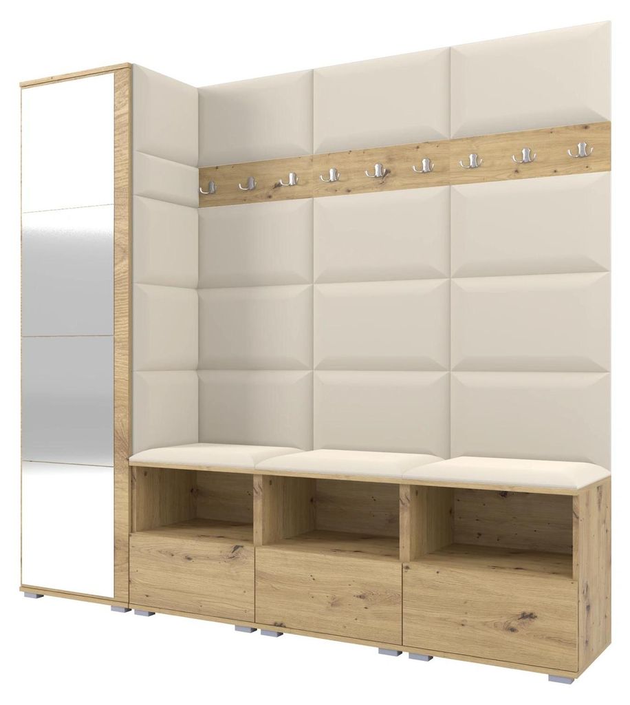 Garderobe NELA IX 200 cm Modulare Flurmöbel Artisan Eiche mit Spiegel & Sitzpolster Creme 01 (Breite Sitzbank)