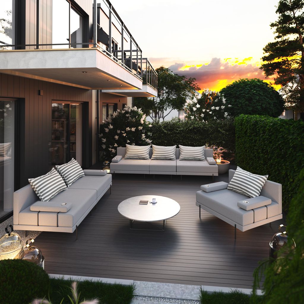 Gartenmöbel set Bahama Streifen Grau 6 Personen Gartenlounge 3-teilig. Terassenmöbel mit Eisenrahmen Wasserabweisend, 3-sitzer + 2-sitzer sofa, S...