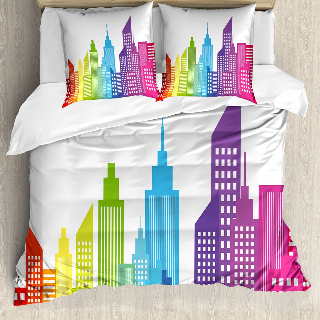 ABAKUHAUS Stadt Bettbezug, Bunte Skyline Stadt, Milbensicher Allergiker geeignet mit Kissenbezügen, 155 cm x 220 cm - 80 x 80 cm, Mehrfarbig