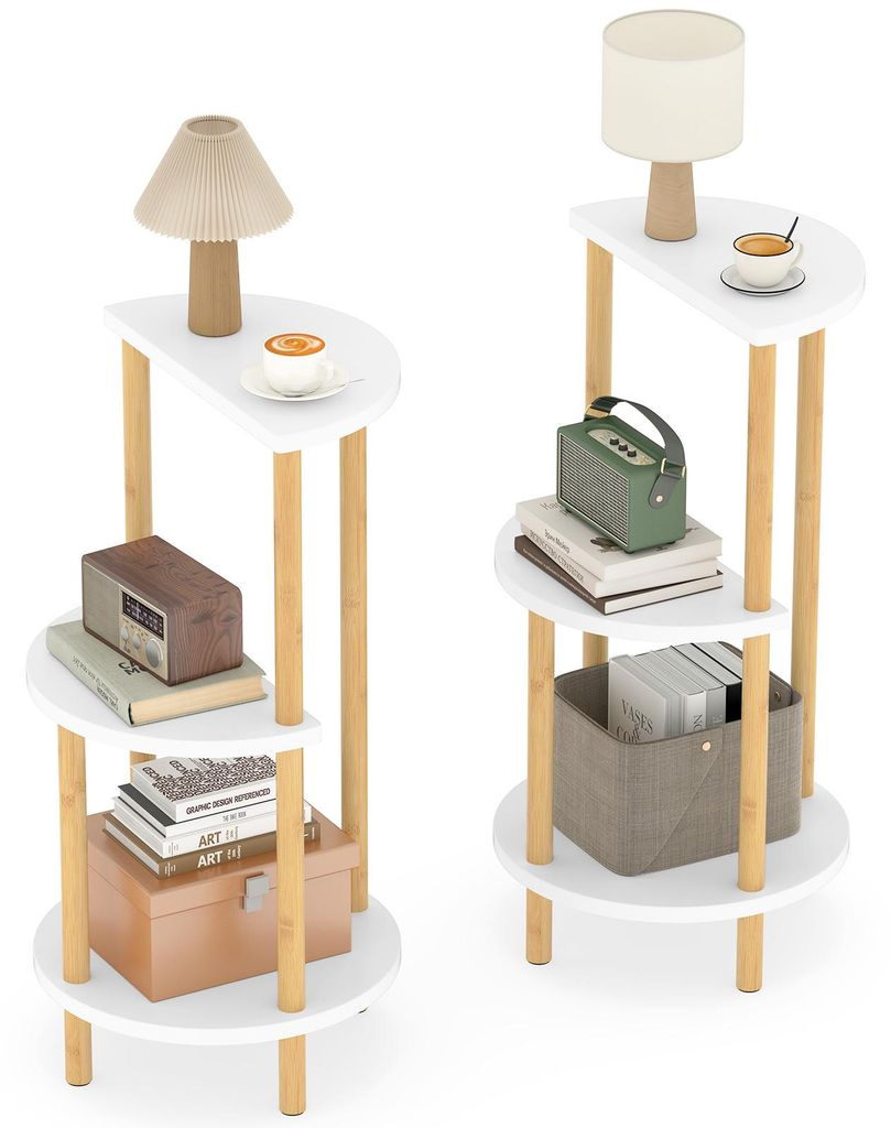 COSTWAY Beistelltisch 2er Set, 3-stöckiger kompakter Tisch mit Ablageflächen aus Bambus, Tee- und Sofatisch, Akzenttisch, Nachttisch, Eck-Couchtisch