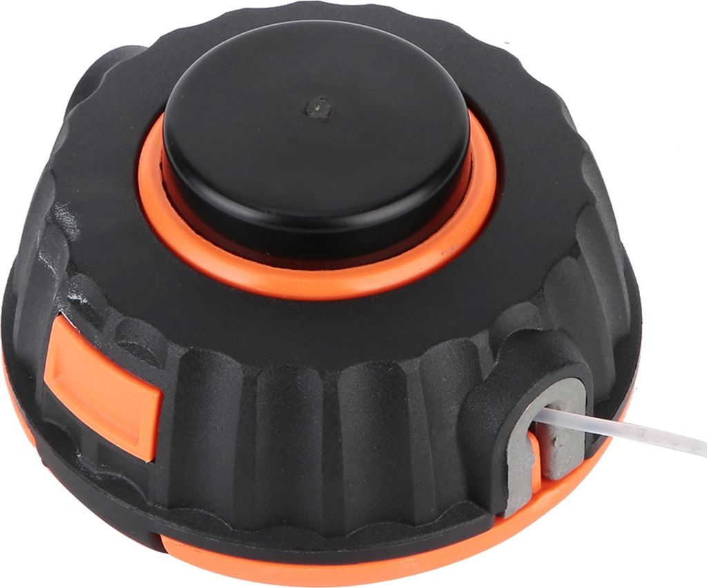 A close-up view of a black and orange trimmer head for a lawn trimmer.