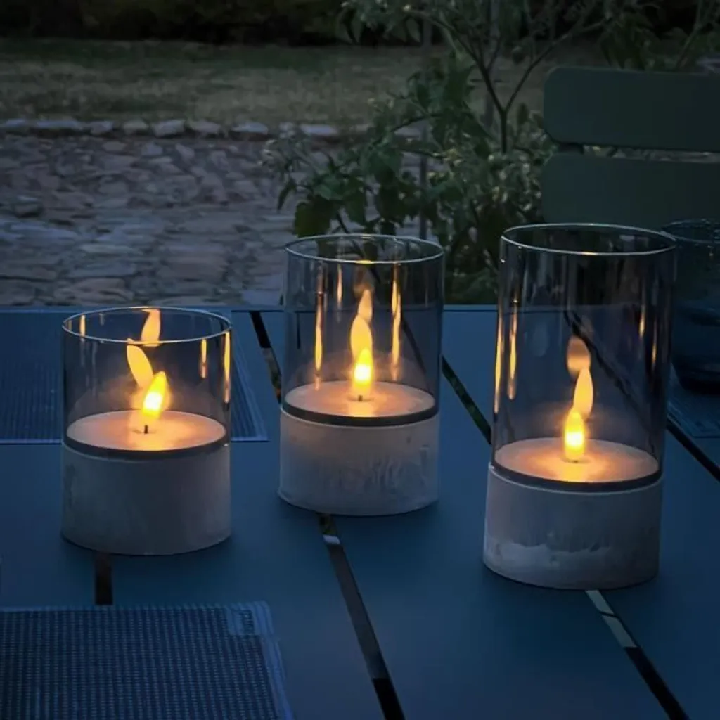 Set 3 Candele LED Vetro Fumé per Eventi e Regali - Luce Calda 2500K
