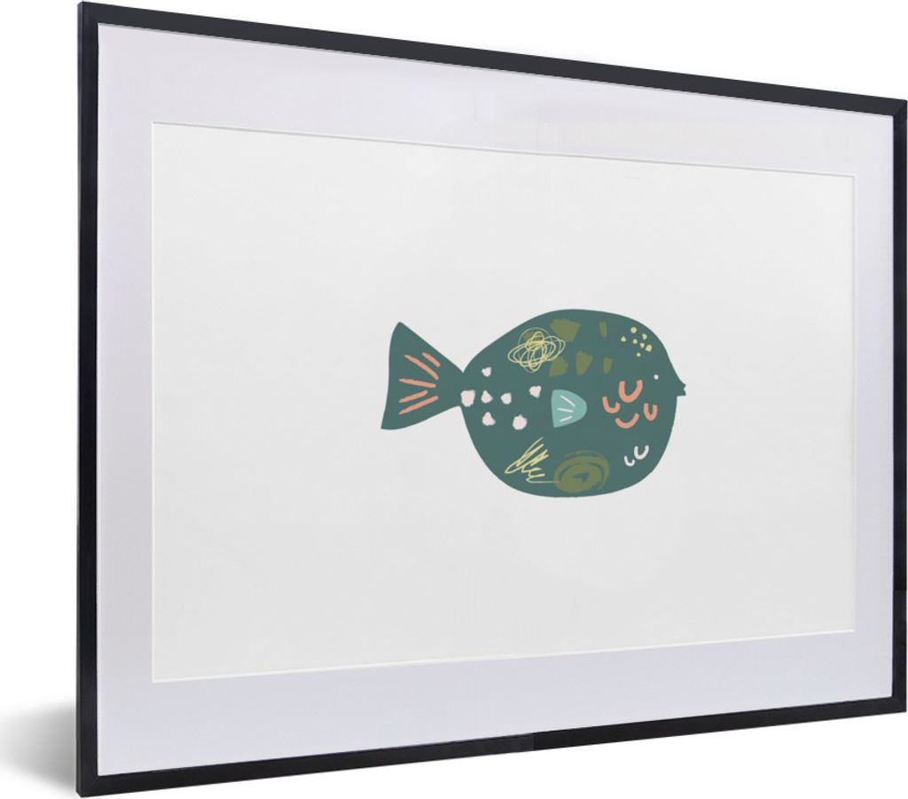 MuchoWow MuchoWow Gerahmtes Poster Fisch - Grün - Pastell 40x30 cm - Poster mit zchwarzem Bilderrahmen - Bilderrahmen - Poster im Rahmen