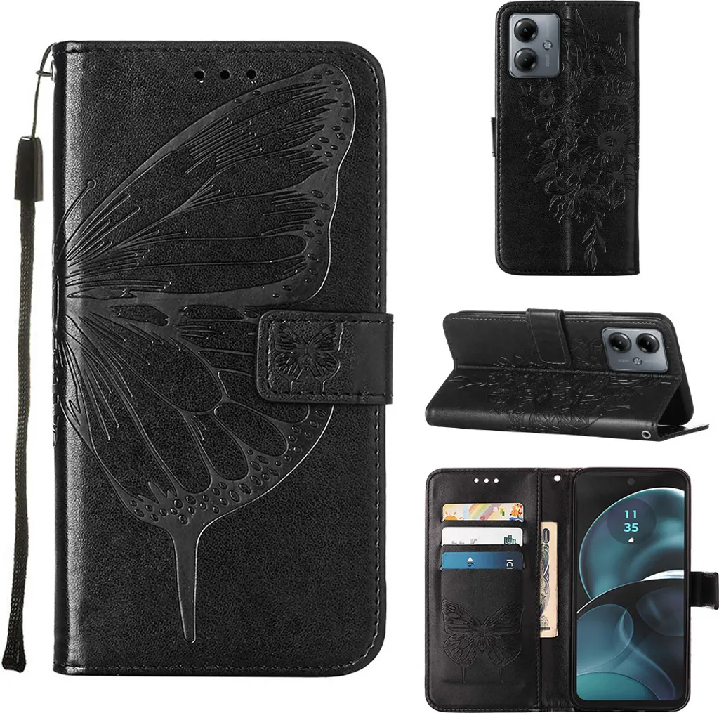 Custodia Motorola Moto G14 Pelle Farfalla Rilievo Portafoglio Nero