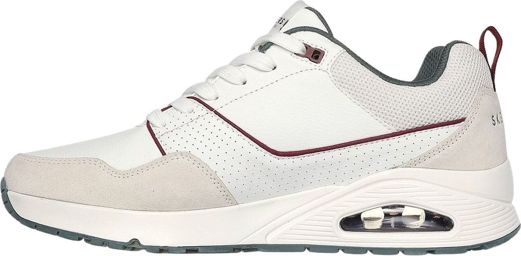 A side view of a white Skechers sneaker.