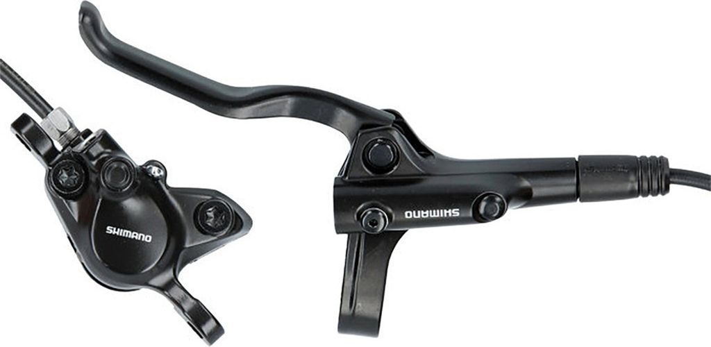 A black bicycle brake caliper and lever set against a white background.